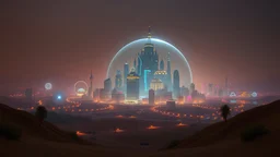 A cyberpunk desert city surrounded by a glass dome