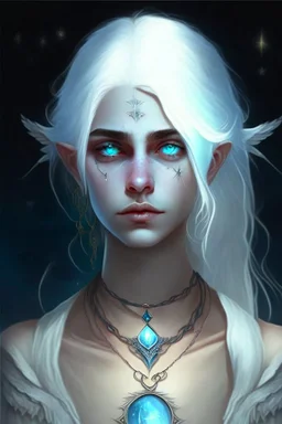 hauntingly beautiful character for dnd, young woman with white hair and blue eyes, angel, with moon necklace