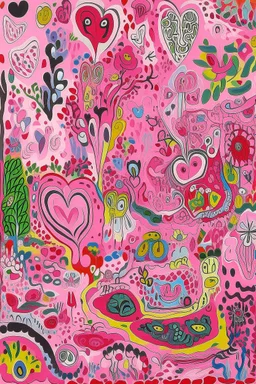 A pink magical kingdom with hearts designed in Australian aboriginal art painted by Jean Dubuffet