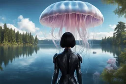 photorealistic photo of a woman with black hair, dressed in an android suit, looking out over a lake, at a jellyfish with tentacles with tall narrow cloud trees in the background