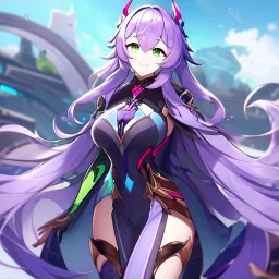 Clear focus,High resolution,High quality, Smiling, Purple long fluffy hair, Green eyes, Wearing a pink mech uniform, Honkai Impact Star Rail