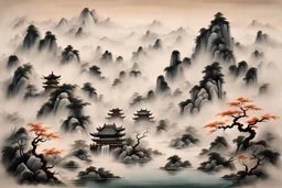 Depict a traditional Chinese landscape painted with colored ink, focusing on an awe-inspiring scene. The painting's main spotlight should be on a majestic, towering mountain covered in a haze of thin mist. A wide stream meandering at the base of the mountain is so crystal clear that it reflects the surrounding views. Vital elements such as rocks and the mountain range are skillfully portrayed with varying shades of ink and nuanced brushstrokes to create texture and depth. Overall, this art piece