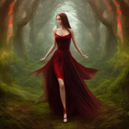 Girl with angelical face, black hair wearing long red dress in a magic forest, fantasy style, surrealism, 8k