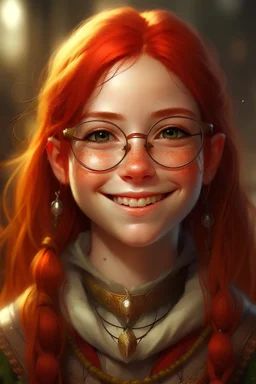 A smiling, young, girl, with bright red hair, freckles, religious cleric, wearing chain mail armor and thick glasses that make her eyes big with elf ears, small smile