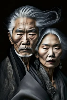 a photo of an Asian man and woman with ethnic jewelry, grey hair and grey flowing robe, in style of Annie Leibovitz, contemporary portrait of a mature yet beautiful and modernist, black and grey, detailed face, swirling fluid smokey enigma, award-winning artwork