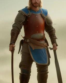 strong medieval warrior with short blond hair, blue eyes and wide warm smile with an axe with green and brown clothes