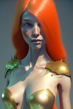 painting of a tall elven young woman with short light orange hair and freckles on the cheak bones and tall body of a topmodel light clothes, full body shot, ultra realistic, concept art, intricate details, eerie, highly detailed, photorealistic, octane render, 8 k, unreal engine. art by artgerm and greg rutkowski and charlie bowater and magali villeneuve and alphonse mucha