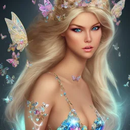 Lying down beautiful face princess blond fairy smiling with sparkle jewel bikini and butterflies in hair magic