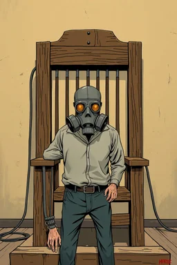 a man wearing a gas mask and standing by a stylized wooden electric chair, graphic novel