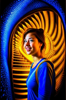 awake inside a dream, woman smiling online in the style of escher, spray paint, photo realism, trending on art station, 8k, depth of field, down light, light rays, volumetric, reflective spiral staircase, blue, yellow, golden brown and orange