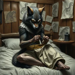 with wolf furry on her full body an anthropomorphic wolf woman hybrid sitting in the middle of a bed with a sewing needle and thread in her paw sewing a material belt, around her in the background are some paper with sketchy line kind drawings from monster on the walls of the wooden house, high realistic, detailed, cinematic, sci-fi, digital art, dark fantasy mood