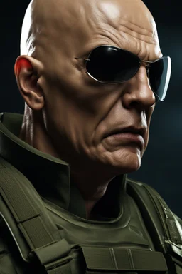 portrait of a 50 year old evil soldier. sneering expression, bald, photorealistic, 4k