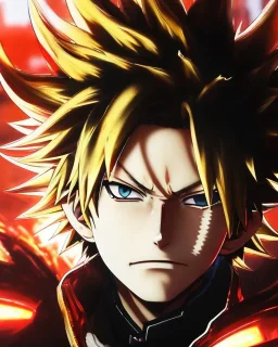 Detailed anime portrait of bakugo from my hero academia, gold hair and golden eyes, black suit, intricate details, full body portrait, keep head in frame, slight smile, black Japanese motif, concept art, highly detailed, digital painting, concept art, sharp focus, illustration, art by Yoji Shinkawa, WLOP and greg rutkowski and alphonse mucha and artgerm and yanjun Chen and Junji ito and Makoto Shinkai, HDR, octane render