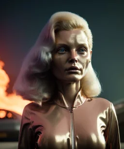 retro sci-fi portrait image from 1980, supermarket parking explosion, fire, scared people, blonde woman walking, young Michelle Pfeiffer face, tight latex suit, soft color, highly detailed, unreal engine 5, ray tracing, RTX, lumen lighting, ultra detail, volumetric lighting, 3d, finely drawn, high definition, high resolution.