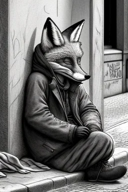 One single mature homeless fox with worn out clothes, sleeping in a corner on the street, Vienna, mourning, model style, hyper realistic, extremely accurate, delicate, extremely detailed, Graphic novel style, wide-angle, open aperture, superfine pencil