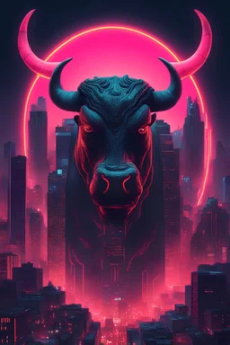 a dystopian city from extreme distance in the shape of an image of Moloch as a bull, neon