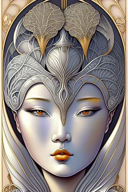 woman's face, half view, greyish colors, by artist "gilded melted bubblewarp";by artist "erte";by artist "michelangelo da vinci";by artist "lalique";by artist "hector guimard" ;character design by artist "emshwiller sol";by artist "fan ho"