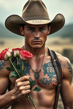 Extremely realistic photo of a young cowboy with tattoos on his chest and hands with nice muscles ,holding a roses to you, general foul weather, (Rembr Lighting), zeiss lens, ultra realistic, (high detailed skin:1.2), 8k uhd, dslr, Dramatic Rim light, high quality, Fujifilm XT3, artwork in pale distressed tones , minimalistic approach, blends old world aesthetics art with elements of distressed painting and illustration, shadow play, high conceptuality, palette inspired by Charlene Mc Nally,