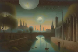 a surreal noctilucent city with arches, domes and rivers by artist "Leonora Carrington",by artist "Agostino Arrivabene",by artist David Inshaw"