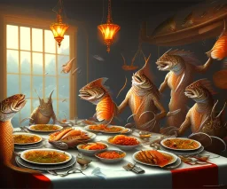 supper, fish sit at the table and eat pieces of people.