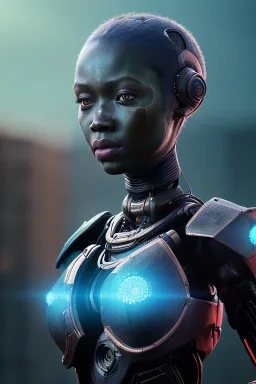 Beautiful portrait of african robot girl post-apocalypse robots in a cyberpunk city, sci-fi fantasy style, 8k,dark