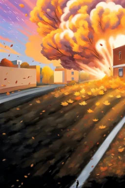top right corner is a nuclear explosion cloud, top of explosion looks like a autumn tree full of leaves, add leaves falling everywhere in foreground, bottom 2/3 is a road through a road, a wind is blowing away from the tree. a commercial building is on the middle left