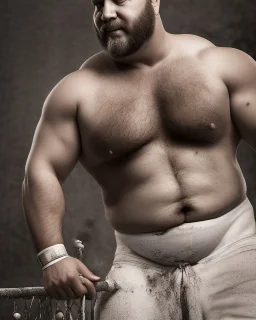 full figure shot photography of a burly chubby turkish prisoner , 55 years old shirtless in white dirty pants, long beard, long hair , in a dark prison, dirty, ugly, bullneck, muscular, manly chest, shirtless, bulge, misery and poverty, emotive eyes, photorealistic, ultradetailed, 32k, side view from below