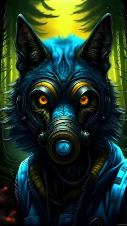 A majestic futuristic wolf in a gasmask ,colourful ,nuclear forest,Hyperrealistic stunning, powerful, Master piece