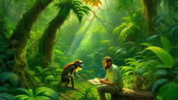 A realistic oil painting depicting a scientist conducting field work in a lush tropical rainforest, surrounded by vibrant flora and fauna. The sunlight filters through the canopy above, casting dappled shadows on the ground. The scientist is carefully collecting samples while a curious monkey looks on from a nearby tree. The colors are rich and the details are intricate, capturing the beauty and biodiversity of the rainforest.