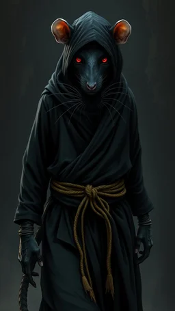 the yoga rat man, big black iris eyes with white glints, ou’re looking at someone who doesn’t just walk into shadows—they belong to them. The black robes cling like a second skin, the belt tied tight with gold thread that catches the light only when he moves. His face is wrapped, but not hidden—his eyes glow like embers, red and steady, as if he’s already seen what waits inside the cave. The tail curls behind him, not in fear, but in readiness. He doesn’t need a torch, because the darkness