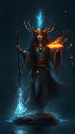 dark fantasy, fire, water, druid, sparkles