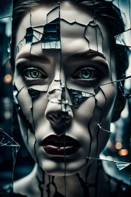 Close-up shot. A cracked pale face deep gaze dark makeup and lips figure through looking a fractured cracked glass pane, revealing glimpses of a surreal hightech cityscape. Hyperrealistic, sharp focus, intricate details, surreal style by Dali, Bosch, Kandinsky, beautifully shot. High contrast, cinematic, dark gloomy, atmospheric, moody. 64 megapixels, perfect compositi