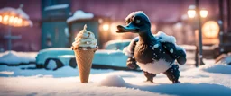 photo shoot of psycho duck shadow boxer creature in ice cream and snow, in fallout 4 setting, bokeh, downlight, prize winning, depth of field, in the style of ivo caprino