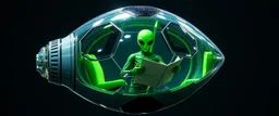 highly regular and hairy transparent soccer ball space ship with green alien director men inside, front flaps, ailrons, smiling welcoming, reading scrolls