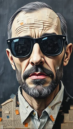 Bosch style painting , A face in details . The texture of the face is a collage of many peace’s of cur old pictures and newspapers parts sticks on the whloe man face with black sunglasses in a collage style