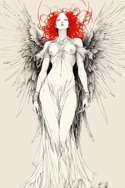 style of Yoshitaka Amano ~a fierce angel, standing with all her might wings outstretched staring deep into your soul, her ornate robe reminiscent of the stars in the night fiery sky. surrealist. Shades of luminous white and red piercing shadow, reminiscent of Beuys and Qian Xuan.