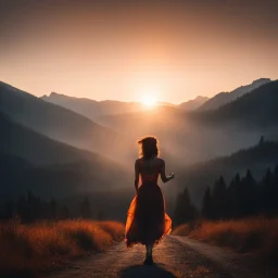 dark night, watching a woman from behind wearing a sleeveless dress, arms up in the air, who is walking towards a beautiful orange sunrise in the distance, mountains and forests around, photo quality