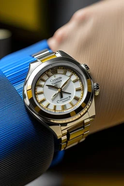 "Generate an image of the two-tone Cartier watch being worn on a wrist, emphasizing its luxurious look and how it complements a person's style."