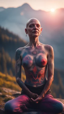 spray paint, portrait of bald witch as yoga Vampire with psychedelic tattoos in carpathians montains sun set ,bokeh like f/0.8, tilt-shift lens 8k, high detail, smooth render, down-light, unreal engine, prize winning