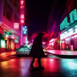 cyborg on wretched city street poignant cyberpunk neon lights rainy atmosphere night time