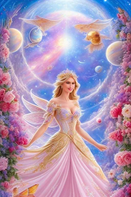 Magnifique woman, lady fairy, facing happy, voluptuous white, pink enchanted flowers, wings magic, long big dress, pink outerspace stars planets, Beautyful smiling, young woman, long hair amazing blue eyes, flowers, happy cosmic, bright colors, blue, pink, gold, jewels, realistic, photo real, clear sunny background, highly detailed, high contrast, 8k high definition, unreal engine 5, extremely sharp detail, light effect, sunny light background