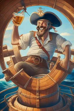 a cheerful sailor sitting on rum barrels aboard a sailing ship at sea, with the ship's steering wheel in the background