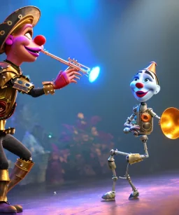 mechanoid clown playing jazz with a steampunk theme, trumpet, realistic