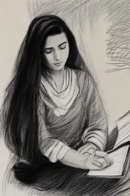 Pencil sketch of Young woman, Arab features,sad, long wavy hair, reading a book, full body، on lined paper