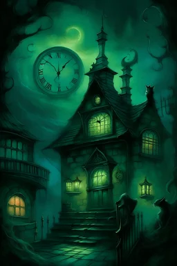 The night atmosphere reigns on the paintings, where the cat lyre in black fur rises on the roof of an old house. Moonlight illuminates its graceful dance movement. Lira wears an emerald ring on the tail, and a light smoke curls around it, creating an aura of mystery. Her magic shadow is designed on the wall of the house. The old clock and the distant piano music emphasize the magical moment of midnight.
