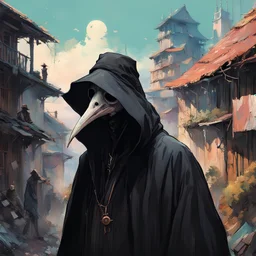 plague doctor, rugged, black robes, anime art,village in the background, by Olivier Ledroit, by Carne Griffiths, beeple, by Alphonse Mucha, by Michael Garmash, artgerm, smooth, oil on canvas, pltn style, vector, softbox, TXAA, shimmering light, trending on artstation, pixiv polycount art, behance hd, lightwave, organic tracery, intricate motifs, sharp focus, ultra detail, 8K resolution