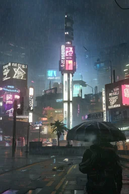 Cyberpunk district with giant foggy skyscarpers, cars, FoV: 100, HD, Unreal Engine 4, heavy rain, rainy streets reflection, neon signs, low contrast, grainy, less color, titanfall,