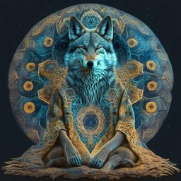 celestial psychedelic wolf made of fractals wearing a mexican jacket sitting on a giant mushroom in between stars, extatic, happy