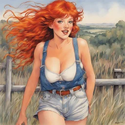 [art by Milo Manara] The wind sweeps through Pippi Longstocking's long, fiery hair, blowing it behind her like a vibrant flame. Large_boobs Pippi Longstocking is in her late forties, with a mischievous sparkle in her eyes. she's wearing overalls and straddle a fence.