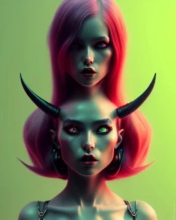 isometric clean art of a cute Demon girl with black horns deep blood red hair and green eyes, soft lighting, soft pastel gradients, high definition, 3d icon clay render, blender 3d